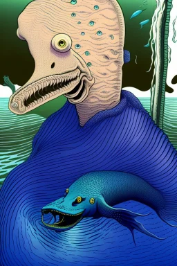 a sea monster with a human head, the body of a moray eel, fins of a fish, swims in the ocean