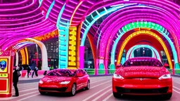 A Tesla's 'Model S Plaid' is racing at top speed, across 'Lotte World', in Seoul (South Korea). CINEMATIC. WIDE ANGLE LENS.