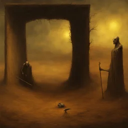 High concept art, horror movie aesthetic, by Zdzislaw Beksinski and Gabriel Pacheco, fine matte oil painting, in an empty field guarding a surreal standalone wooden doorway revealing a portal of brilliant light is a fearsome minitour holding an axe who has a television set on his head broadcasting a picture of a bull head, sinister, concept art, oddball masterpiece, sfumato, complex contrast,