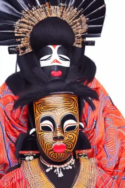 Portrait voluptuous African lady wearing a noh mask, full body shot, full-color medium shot, style of Japanese noh masks