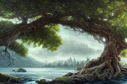 higly-detailed, epic landscape, river, highly detailed, perfect lighting, perfect composition, 4 k, artgerm, hudson river scool, big old tree