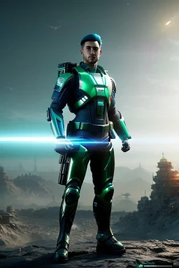 Futuristic soldier, physically fit, green hair, blue eyes, intricate eyeliner, vibrant eyeshadow, clear completion, soft lighting, 4k resolution, intricate details, insanely detailed, colorful cityscape background, masterpiece, expert, cinematic smooth, retroanime style, realistic details, no helmet