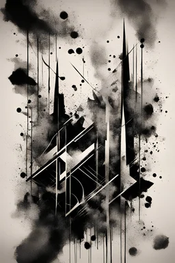 A abstract modern design black ink with brushstrokes and ink splatter of cool and masculine geometric patterns in negative space for a tattoo design