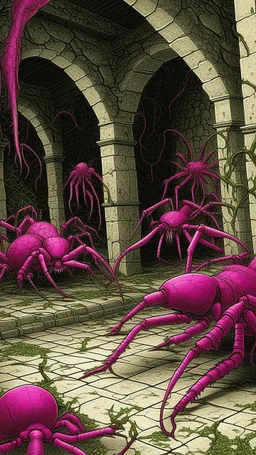 Purplish fuchsia catacombs with spiders designed in Bayeux tapestry painted by Giovanni Battista Sassi