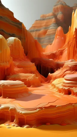 A light rosy orange colored canyon made out of cakes painted by Alan Sorrell