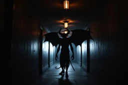 a sinister devil standing in a dark hallway