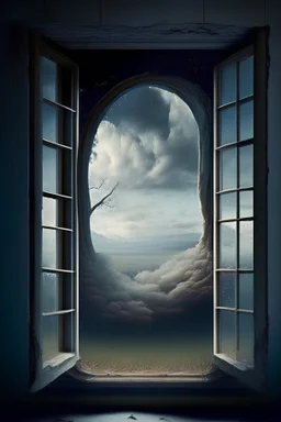 una ventada suspendida en la nada, a través de la qual se puede observar diferentes mundos