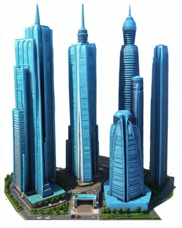 3D modern futuristic skyscrapers in cartoon Pixar style on white background, png, high resolution, highly detailed texture.