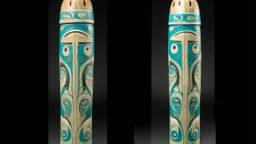 A cyan and ivory galaxy with comets designed in pacific Northwest totem poles painted by Grant Wood