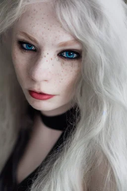 A beautiful young woman with long white hair and blue eyes, pale skin with opal freckles. Wearing a black dress