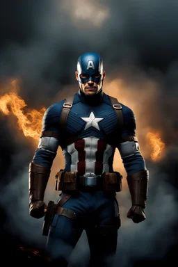 3D Portrait of Alan Ritchson as Captain America, perfect body, perfect face, perfect eyes, dark hair, glamorous, gorgeous, delicate, romantic, realistic, romanticism, blue tones, Boris Vallejo - Pitch black Background - dark, wood panel wall in the background - fire, fog, mist, smoke