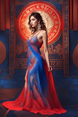 Real full picture of Most beautiful attractive model wearing red-blue splashes full covered lace Chemise having colorful hieroglyphic detailed writings, high resolution, 8k,, WLOP , mockup, earrings, , necklace, sunshine , ultra hd, realistic, vivid colors, highly detailed, UHD drawing, pen and ink, perfect composition, beautiful detailed intricate insanely detailed octane render trending on artstation, 8k artistic photography, photorealistic concept art, soft natural volumetric cinematic