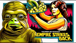 Movie poster for the empire strikes back featuring carrie fisher as Princess leia in her slave costume in Jabba the hutt's, style of rockin jelly bean 1970s lowbrow illustration