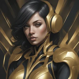 Melody, strybk, curvy-geometric art, the merger between gold and black, half body portrait, light on face, Close up biomechanical gaicha, by artgerm and Edouard Bisson, highly detailed, art by Stanley Artgerm, Charlie Bowater, Atey Ghailan and Mike Mignola, by greg rutkowski, oil painting, heavy strokes, paint dripping, muted colors, watercolor style, intricate, photo-realistic, hyper-detailed, detailed face features, sharp eyes, soft skin, cinemascope,