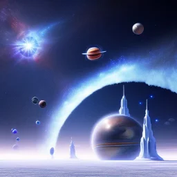 large frozen expanse, transparent crystal temple, star blue sky with very well defined planets and stars, high precision