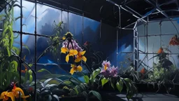 Pintura de flores → óleo sobre lienzo → un invernadero con plantas exóticas, en una noche de tormenta → estética del romanticismo oscuro → lenguaje visual de contrastes violentos entre luces y sombras, con pincelada suelta pero controlada → pinceladas enérgicas y veladuras sobre un fondo imprimado en negro → composición diagonal y asimétrica, con una gran orquídea tigre que cuelga de una rama, y detrás, hojas de monstera y helechos que se agitan → iluminación de un relámpago que ilumina la escen