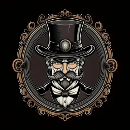 professor balthazar with a black hat in style of fancy decorated logo