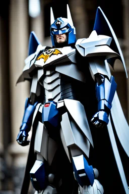 Gundam inspired by Batman. Flowing cape. Action pose. 1080p. Photograph.