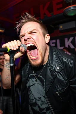 A very angry and bitter punk rocker screaming at microphone, very aggresive image in a club house, his name i FOLKE, and the name FOLKE in background