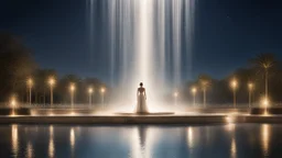 moonlight, sparkling fountains, recreation, relaxation, luxury, magnificent, showers, glistening water spray, charismatic exposed people, dream world, calm beauty, symmetry, fantasy world, magic, splendor, ecstatic, uplifting, inspiring, therapeutic, chiaroscuro, color, award-winning colour photograph, beautiful composition, exquisite detail, Nikon 135mm