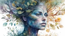 watercolor, tree woman, digital painting, glitter, clear lines, detail, fine rendering, high resolution, 4K, photorealism, precise focus, double exposure, fantasy,