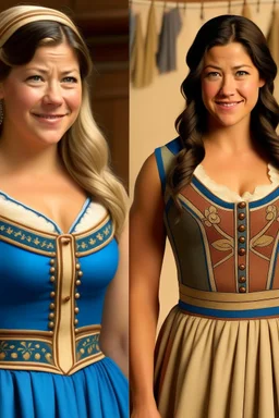 Gina Rodriguez fully transformed into a blonde german version of herself, dirndl attire. Head undergoes complete change, golden radiance, blue eyes, idealized Germanic allure emerges. Torso fully transformed, enhanced curves pronounced, dirndl-clad, embroidered details accentuating. Arms refine into a graceful embrace of tradition. Hips and thighs sculpted into an idealized silhouette. Legs elegantly elongate, carrying enchantment seamlessly. Feet undergo a subtle yet refined transformation.