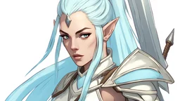 Generate a dungeons and dragons character portrait of the face of a female high Elf fighter who is strong and has a high ponytail. Her hair is light blue and she has a two hand greatsword on her back. She wears a light brown breastplate