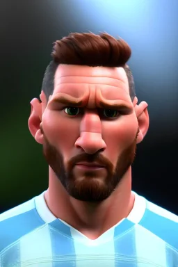 Realistic Messi Argentina soccer player Portrait, mid shot view, low view, 3d, photo studio, clean background, unreal engine 5, ray tracing, RTX, lumen lighting, ultra detail, volumetric lighting.