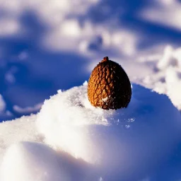 tiny acorn buried in snow, warm colors, soft lighting, snowdrift