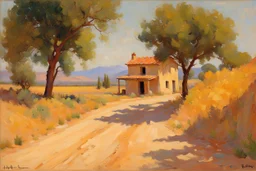 sunny day, mountains, trees, dirt road, countryside, adobe house, wilfrid de glehn and rodolphe wytsman impressionism paintings