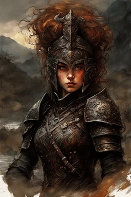 A formidable warrior girl in black armor, on the background Amazing gloomy landscape, flooded with sunset, mountains, trees, fabulous scary hero, , juicy emotions, painting, dark fantasy, gloomy day, dark world, portrait, Gothic Town At Night, Fantasy, Intricate Details, Castle Courtyard Gardens, Hyper Detailed, Jean Baptiste Monge, Carne Griffiths, Michael Garmash, Seb Mckinnon, Masterpiece