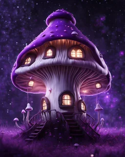 An illogically floating mushroom house on a clear night. white and white and purple, Stars Dark cosmic interstellar. Detailed Matte Painting, deep color, fantastical, intricate detail, splash screen, hyperdetailed, insane depth, concept art, 8k resolution, trending on Artstation, Unreal Engine 5, color depth, backlit, splash art, dramatic, High Quality Whimsical Fun Imaginative Bubbly, perfect composition