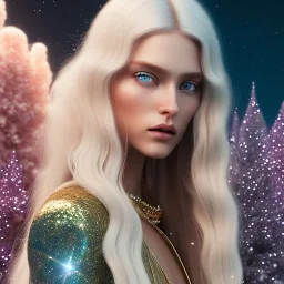 white woman glitter long blond hair blue eyes in a galactic ambiance, delicate colors in the foreground, full of details, smooth, light effect，vaporwave colorful, smooth, extremely sharp detail, finely tuned detail, ultra high definition, 8 k, ultra sharp focus