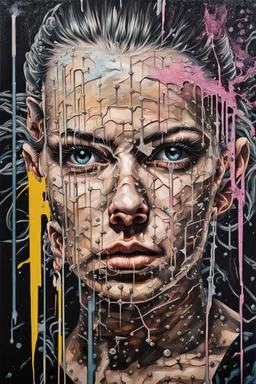 Ultra detailed medium portrait painting of a vacuumed face under a plastic bag, no air, tight, torn up punk poster, broken circuitry background, matrix effects, punk visual art, punk art aesthetic, graffiti art, pop surrealism, collage art, cluttered paint glitches