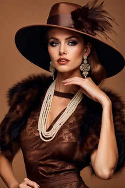 full body beautiful girl, elegant brown lace clothes of the 80s, luxury style, small elegant hat with feather, hair of the 80s, pearl necklace, earrings masterful, beautiful face