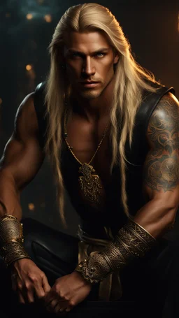 warriorking, long blonde hair, male age 30, tan skin, tattoos, jewels,photorealistic 4k dark fantasy