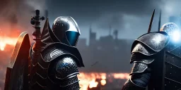 apocalypse, chaotic, magnificent, realistic, colorful, massive, epic, ray tracing, cinematic, 8k, HD, Ultra High Definition, photo film, film grain, hyper-detailed, Hell, Hell Spawn with reflective chrome suit of medieval armor,