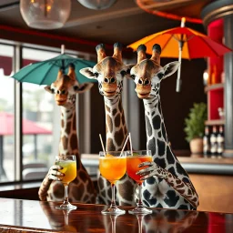 very Gay Giraffes standing in a bar drinking umbrella drinks