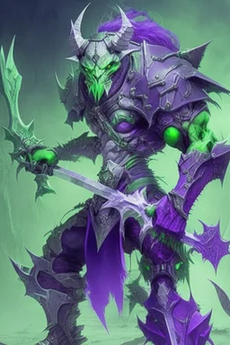 Demonio con armadura verde y morada y melena blanca del futuro con una Guadaña