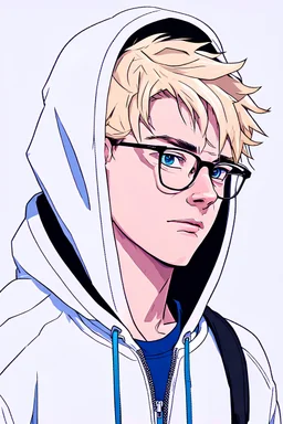 18-year-old boy with blond hair and with blue- eyes in a white zip-up hoodie with glasses