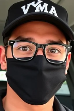 Male face oval shape, soft, smooth skin with warm golden brown tone, with large, expressive brown eyes, shining with curiosity, wears square glasses with smooth edges. Short sleek black hairstyle, partially covered with black baseball cap with a slightly curved brim, with the letters VMA in the middle in white, worn at a small angle, creating a shadow on the forehead and mask covering the nose and mouth , with delicate folds at the edges, creating the impression of a soft smile, and feeling of j