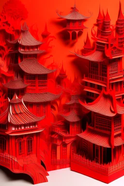 An orangish red vampire village designed in designed in Chinese paper art