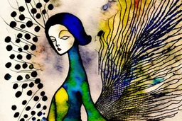 peacock woman, styles of Paul Klee Dee Nickerson and Tim Burton, melting watercolor and black ink outlines on wet paper, soft, shading strokes, in sunshine, ethereal, otherwordly, cinematic postprocessing, bokeh, dof