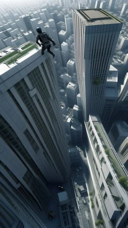 A top view of a high building and some one is jumping , top view surrealism of the dark of a nightmare ten miles high and six foot deep, hyper photorealistic, hyper detailed clear art color, high resolution, octane render, tilt shift, HDRI Environment, all pictures gray