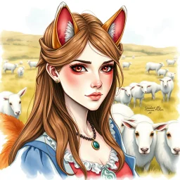 watercolor, an arrogant, confident young woman with long brown hair, red eyes, pale skin, corgi ears and tail, sheep in a field for the background, intricately detailed, cell shaded