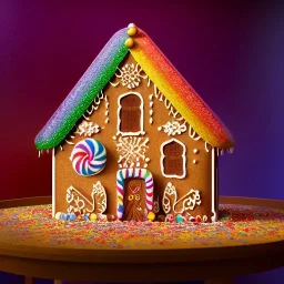 an intricate gingerbread house with vibrant candy and rainbow sprinkles under a glass dome on a darkwood table, 8k resolution, centered, high-quality, ultrafine-detail, digital art, flickering light, volumetric lighting, illustration, 3D octane render, brian froud, howard lyon, ben goossens, George Grie