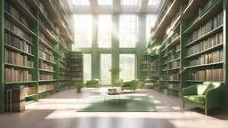 Modern green library interior with sunlight. Decor and desing concept. 3D Rendering