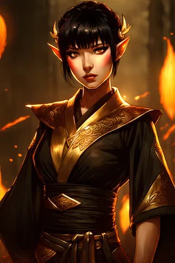 pixie hair with bangs, tough woman, black hair, elven woman, sharp golden eyes, pointy ears, japanese clothes