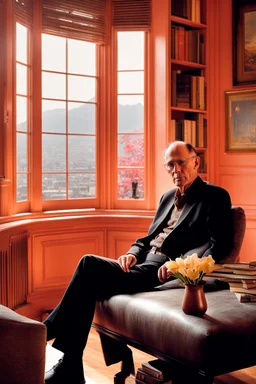 portrait of famous iconic legendary SF author William Gibson, (((bald))), warm spring colors