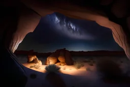 Nighttime desert views merge with dark cave views